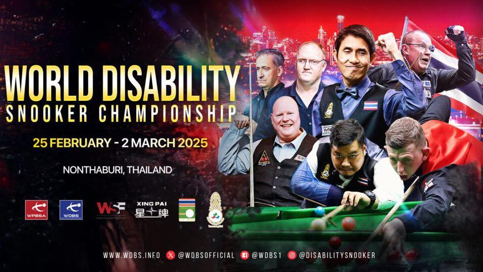 A montage of seven snooker players, including David Church, who is wearing a red waistcoat, on a promotional poster for the World Disability Snooker Championships. Information about the tournament, including the dates, can also be seen. 