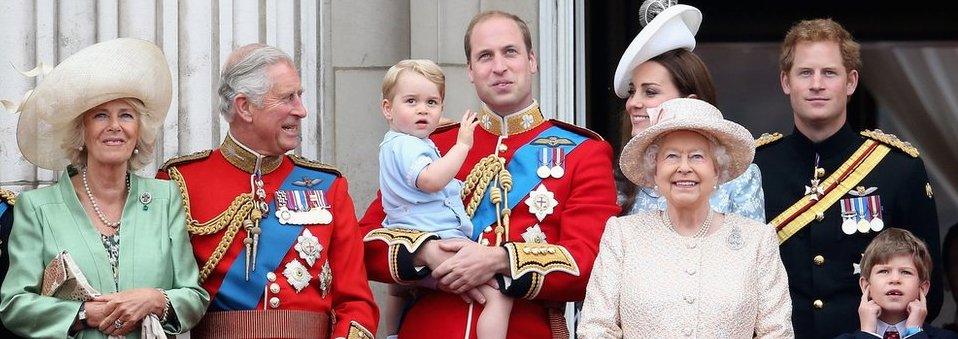 The Duchess of Cornwall, Prince of Wales, Prince George, Prince William, The Queen, the Duchess of Cambridge and Prince Harry