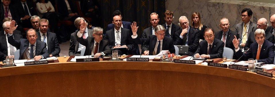 Russian Foreign Minister Sergey Lavrov, Spanish Foreign Minister Jose Manuel Garcia-Margall, British Foreign Secretary Philip Hammond, UN Secretary General Ban Ki-moon and US Secretary of State John Kerry vote during a UN Security Council meeting on Syria December 18, 2015.