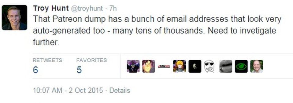 Troy Hunt's tweet about auto-generated email addresses in the data dump.