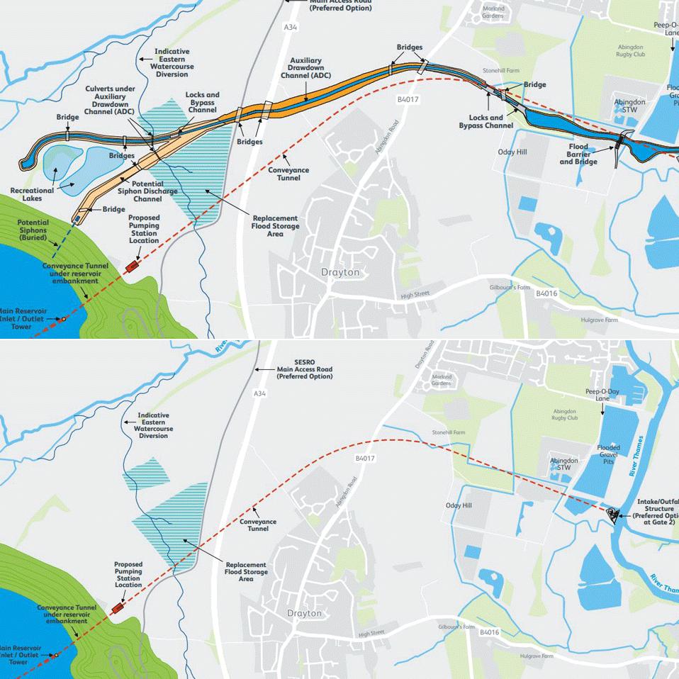 Two different options shown on a map of the land next to the reservoir. The top image shows a channel link it to the Thames, the bottom shows a tunnel instead.