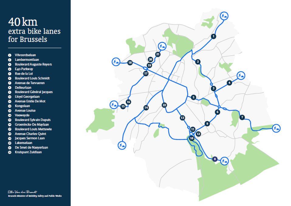 A map illustrating the new bike lanes around Brussels