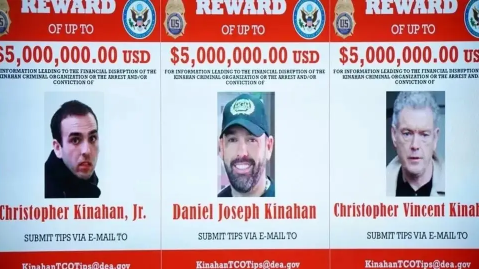 Three wanted posters of Christopher Kinahan Junior, Daniel Joseph Kinahan and Christopher Vincent Kinahan. Photos of the men are place in the middle of a 'Reward of up to five million USD' along with a tip off email address that reads KinahanTCOTips@dea.gov