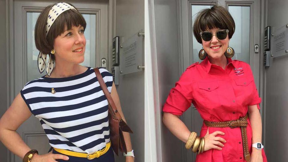 Two pictures of Caroline Jones in 2015 with short brown hair to just below her ears. In the left image she wears a blue and white striped T-shirt, navy blue trousers and a yellow belt. She has a cream and blue scarf in her hair and carries a tan coloured bag. In the right image she wears a bright dark pink shirt dress with a brown belt. She has large copper earrings and chunky copper bracelets. She is wearing large sunglasses.