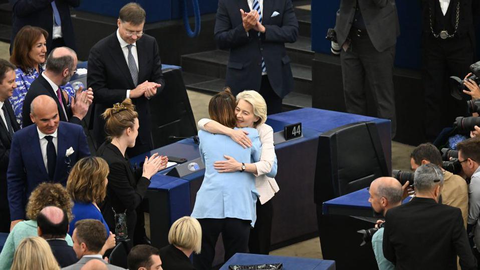 Ursula von der Leyen wins support from lawmakers and a vote of confidence for second term as the president of European Commission, the executive arm of the EU, in Brussels, Belgium on July 18, 2024