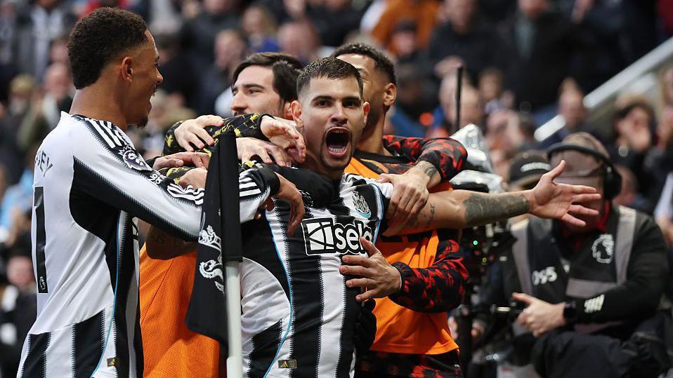Bruno Guimaraes celebrates after scoring for Newcastle United against Burnley at St James' Park