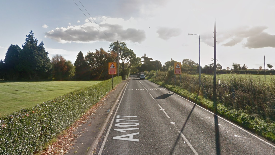 A country road with hedges either side and fields. There are trees in the background. There are also hazard road signs warning of bends.