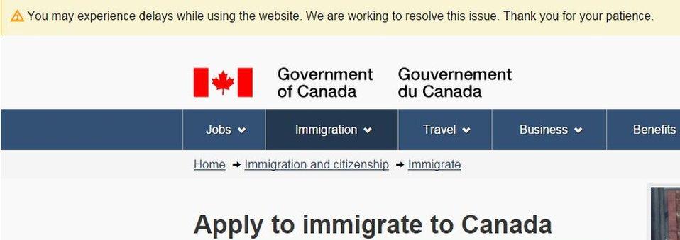 Image shows warning of delays using Canadian immigration site