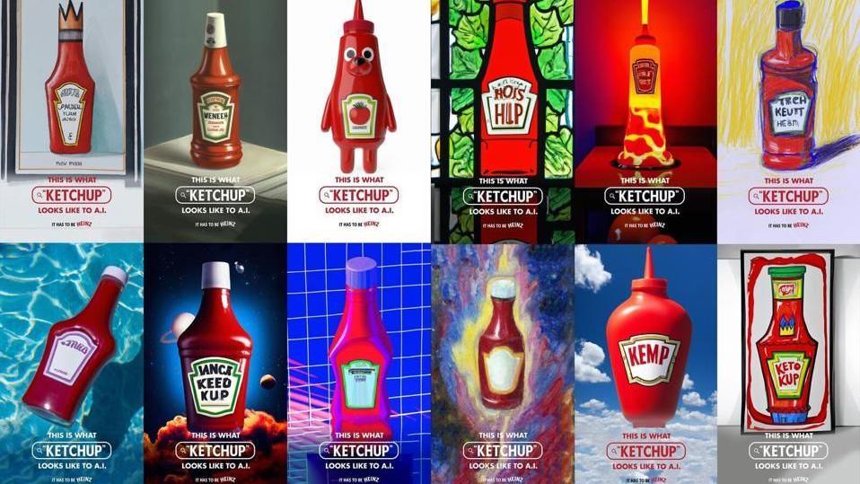 An advert showing two rows of six red tomato ketchup bottles created by artificial intelligence.
