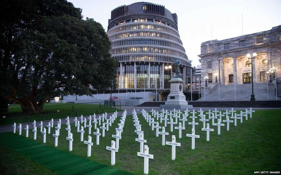 100 white crosses outside New Zealand parliament