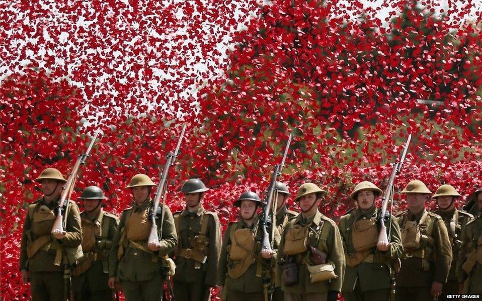 Members of the Great War Society surrounded by poppies