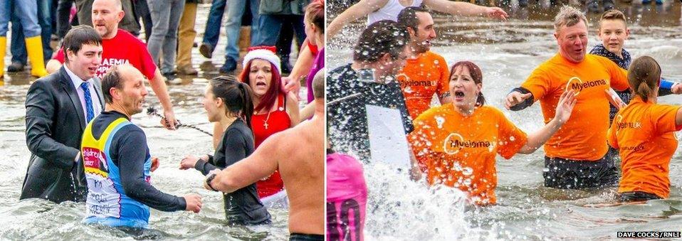 A man in his suit and a group of people in charity T-shires brave the sea