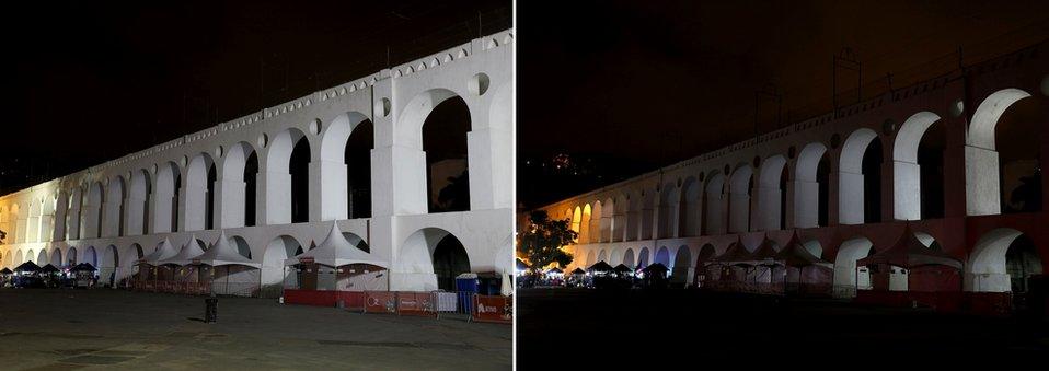 The colonial aqueduct Arcos da Lapa before and during Earth Hour in Rio de Janeiro.