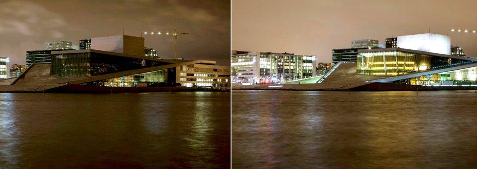 the Opera House in Oslo, Norway during and after the Earth Hour