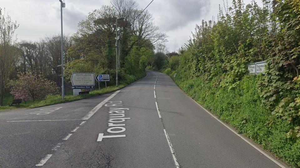 The A379 in Shaldon at a T-junction with a sign pointing towards Shaldon Zoo, the Ness pub and Shaldon Golf Course. The side of the road opposite the junction has a grass verge with tall bushes and a road sign with directions to Teignmouth and Torquay.