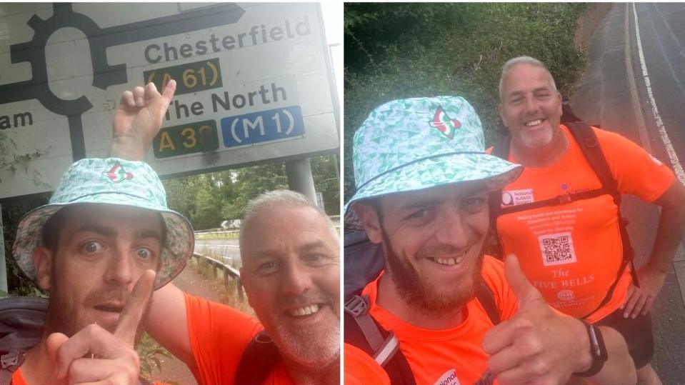 A split image of Jordan Brooks and Innes Miles, both in orange tops and Jordan in a hat. In one they are pointing at a sign for Chesterfield, in the other they are smiling and Jordan has his thumb up