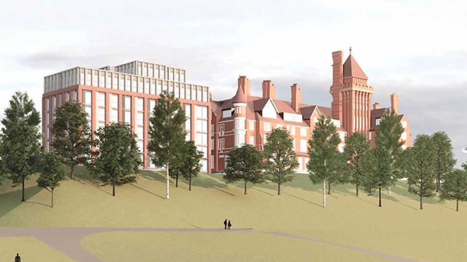 Artist impression of the hotel redesign, showing two large red brick buildings - the one on the left is square and modern and the other is traditional with a tower at the front and four chimneys. They overlook the slopes of a park with a row of trees at the top