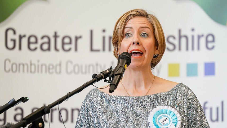 Dame Andrea Jenkyns of the Reform Party speaks after she is declared the winner of the Greater Lincolnshire Combined County Authority Mayoral Election at Grimsby Town Hall