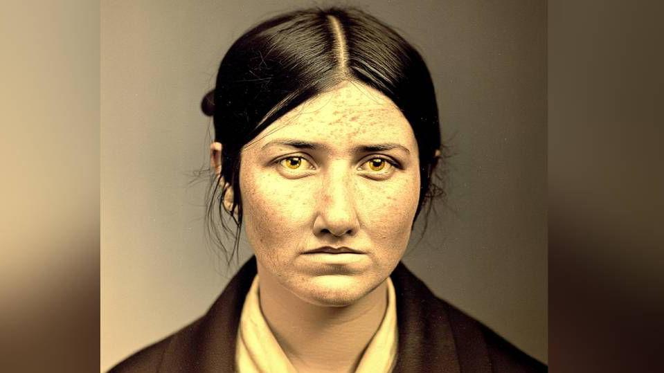 An AI image of a woman with dark hair looking at the camera. She has golden coloured eyes and her hair is tied back, with some strands loose by her ears. Her skin is slightly marked and she has a sombre expression.