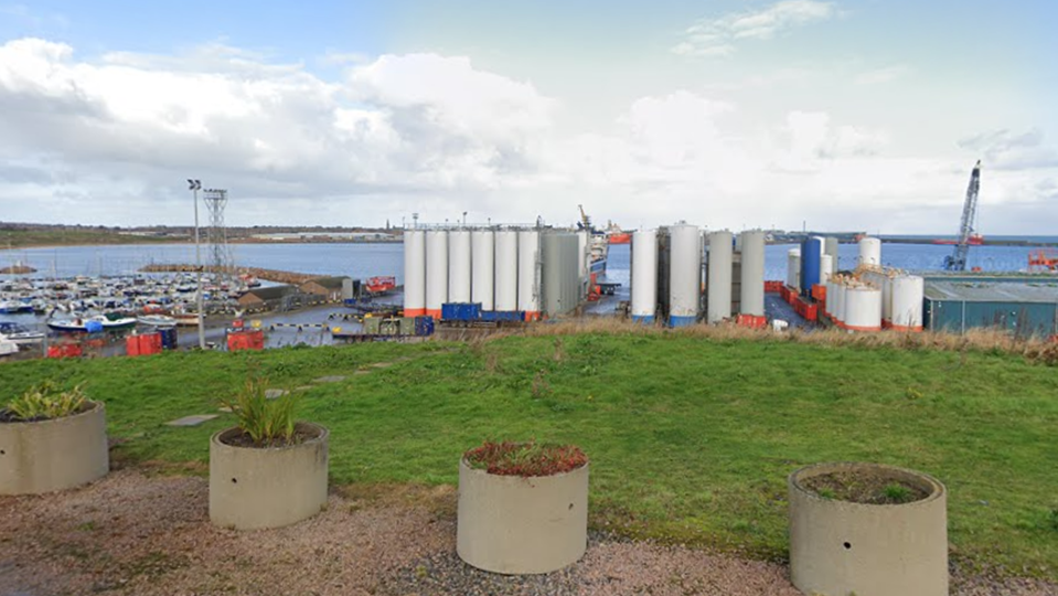 Peterhead Harbour in front of blue skies and cloud. In the front of the picture there's green grass and planters. The harbour has a number of boats and structures.