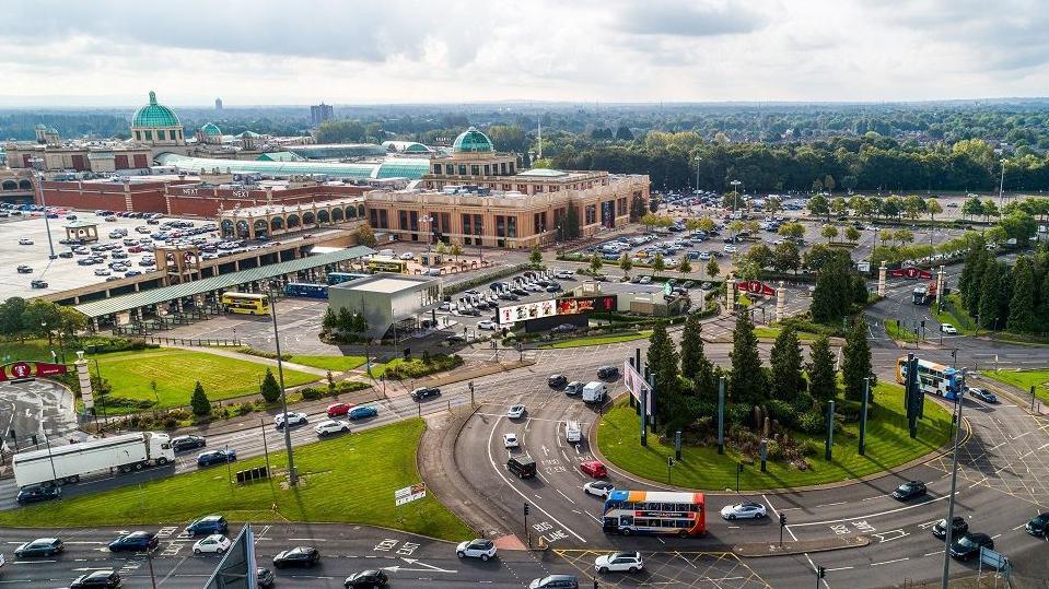 Drone shot of the Trafford Centre and nearby roundabout