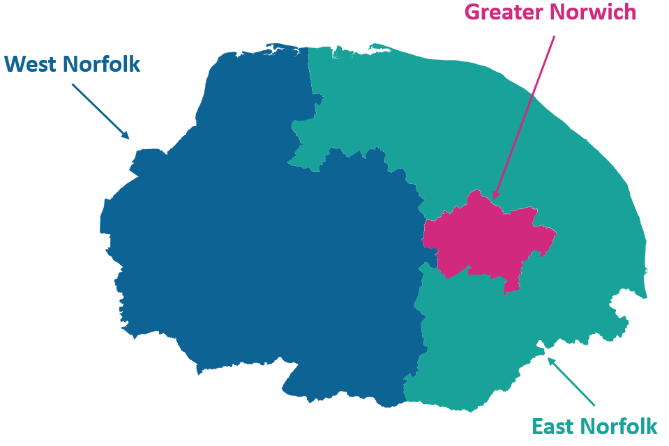 Map of Norfolk showing the three proposed unitary authorities : West Norfolk which goes up to the border of a Greater Norwich, and then a third authority called east Norfolk.