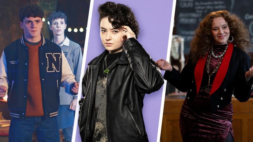 Three images of Gifted cast members side-by-side with a purple background behind the middle one.