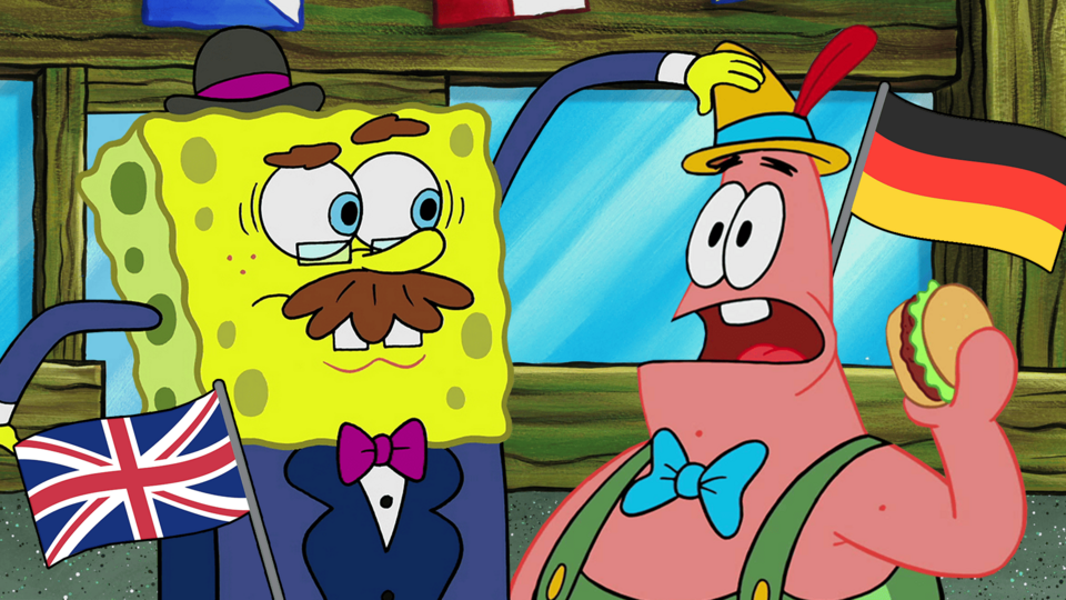 SpongeBob (dressed like an English gentleman in a suit and bowler hat) is trying to grab Patrick's hat (Patrick is dressed in German lederhosen)
