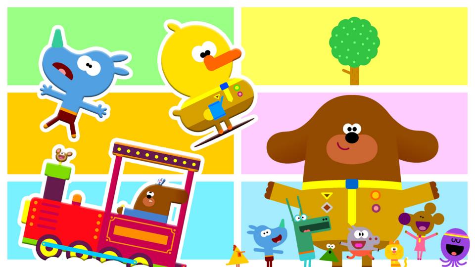 Hey Duggee and the Squirrels with various stickers including a train and a duck.