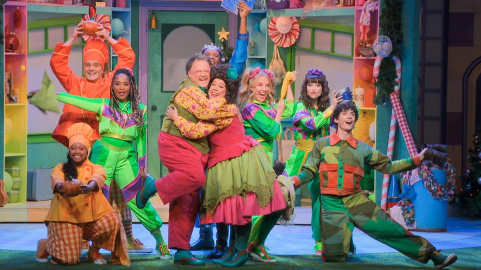 Cast of CBeebies Panto Cinderella pose at the end of the Ive Got My Thing song