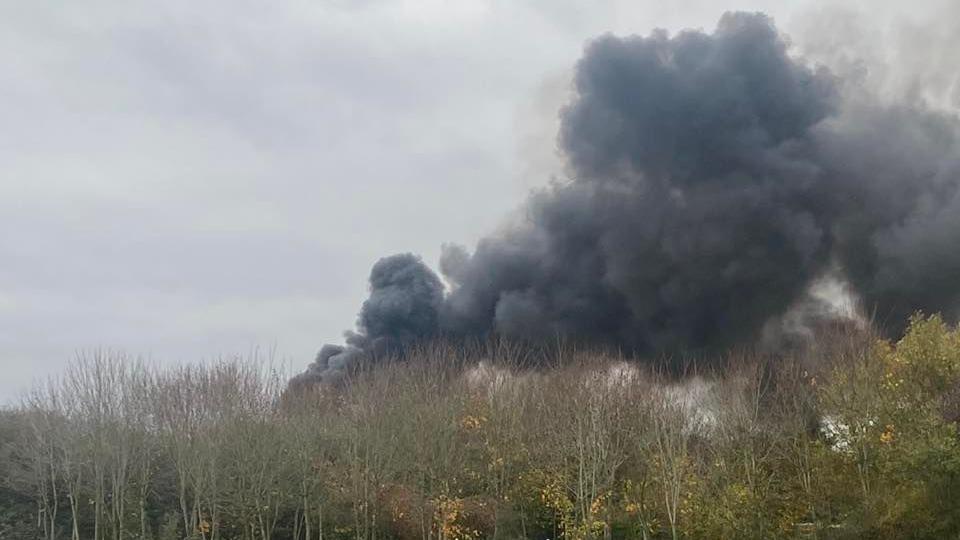 Plumes of thick black smoke are billowing into a clear sky. There are trees in the foreground