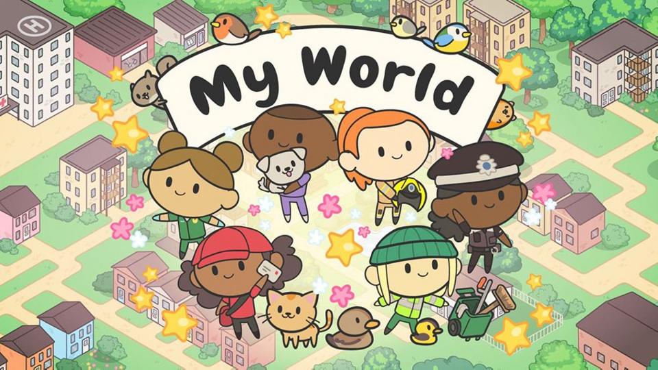 My World new Reception game image with cute characters and animals on a pastel coloured town map.