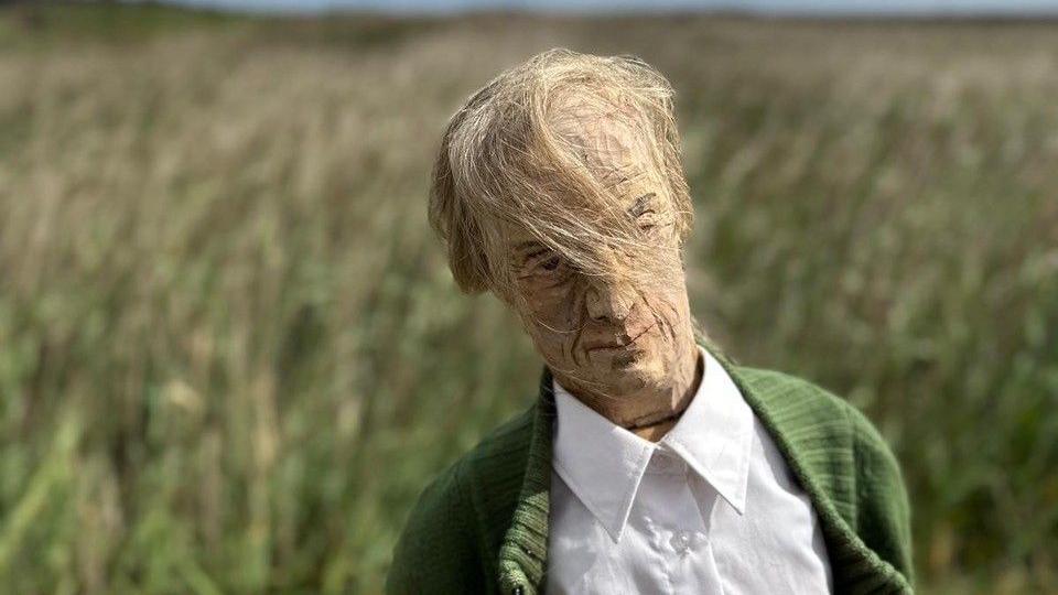 A sculpture of a man stands in a field. It has long blonde hair that rests over its head and it wears a white shirt with a green cardigan.