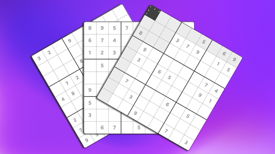 Three stacked Sudoku puzzles on a purple and pink, Bitesize bran colour background