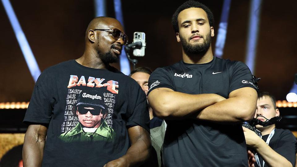 Dillian Whyte and Moses Itauma pose for cameras at the news conference in Riyadh, Saudi Arabia
