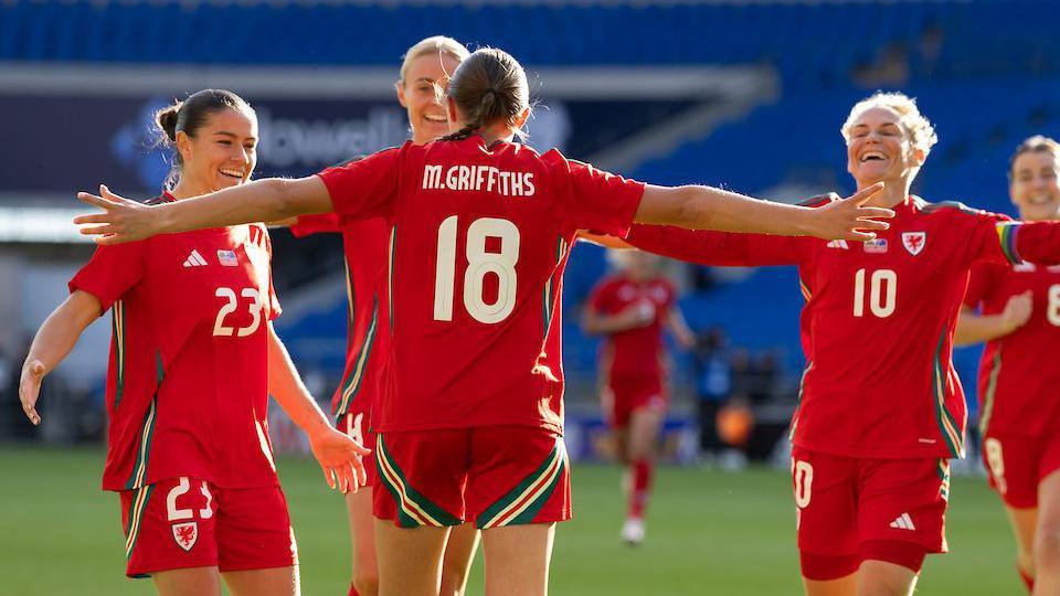 Wales celebrate Mared Griffiths' goal 