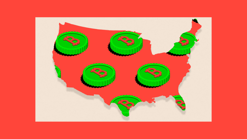 A map of the US overlaid with Bitcoin logos