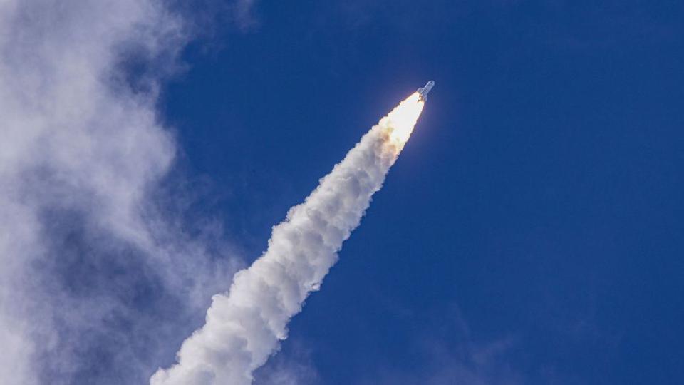 Ariane 6 rocket blasting off from its launch pad at the Guiana Space Centre in Kourou, French Guiana, 9 July 2024.