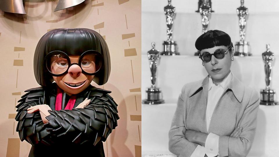 A split image of Disney's Edna Mode and fashion legend Edith Head