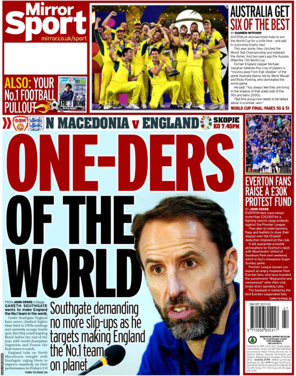 Back page of the Daily Mirror on 20 November 2023