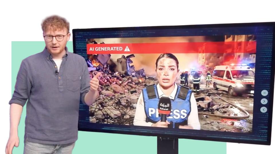 Presenter next to an AI-generated image of a reporter speaking to the camera