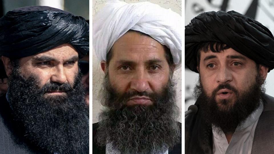 Composite imae shows headshots of three members of the Taliban - on the left, Taliban Interior Minister Sirajuddin Haqqani, in the centre is Afghan leader Hibatullah Akhundzada and on the right is Acting Defence Minister of Afghanistan Mohammad Yaqoob Mujahid.