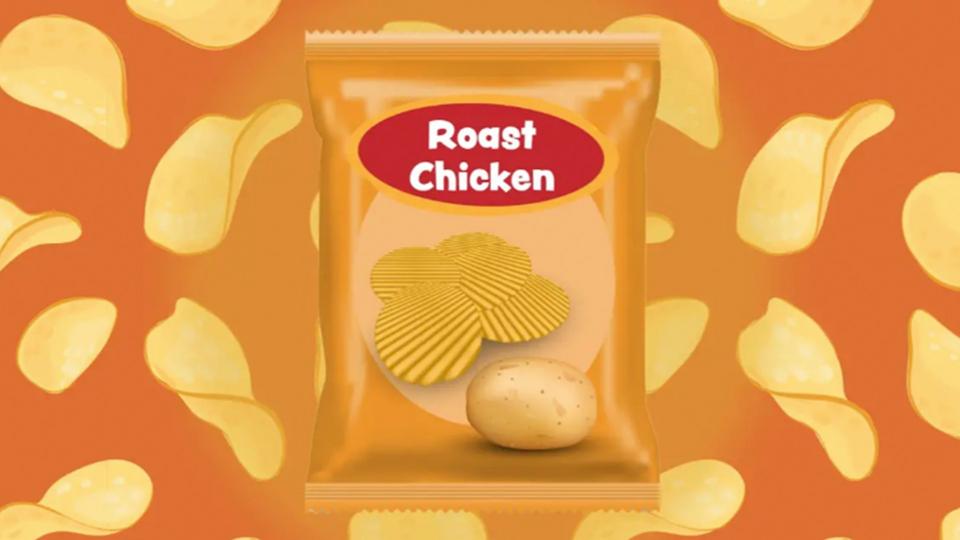 a computerised image of a packet of roast chicken crisps against an orange background
