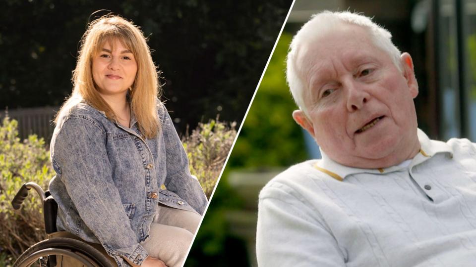 Split image of Ruth Madeley wearing a denim jacket, and her dad in a garden wearing a white t-shirt
