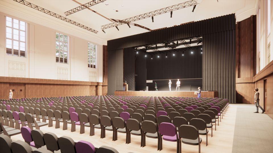 An artist's impression of what the renovated Watford Colosseum could look like. It shows an auditorium with grey and purple chairs in rows, a stage, with three people on it, three other people standing in the room and light rigs above. The room has three large windows on the right hand side.