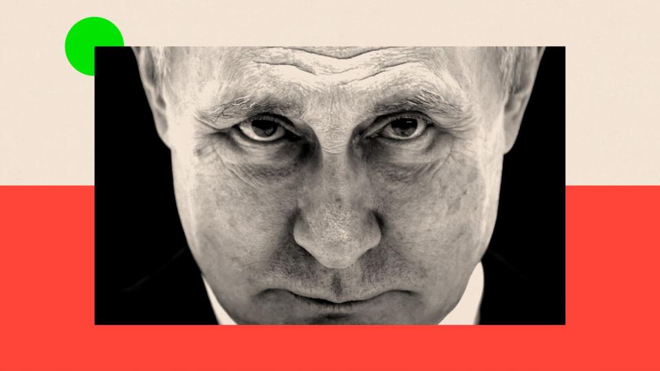 A black and white close-up of Vladimir Putin's face. He has a quizzical look on his face. There is a red border at the bottom and a green dot on the left.