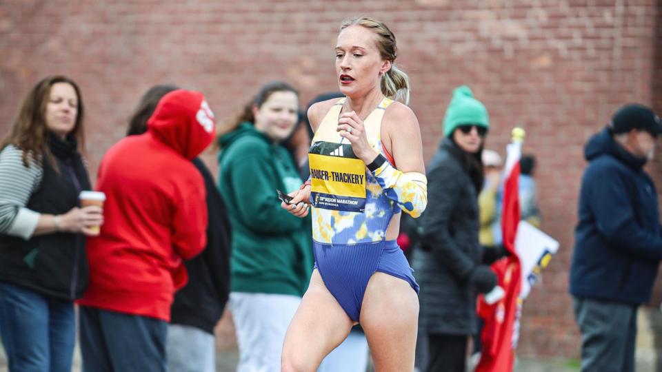 Calli Hauger-Thackery running at the Boston Marathon