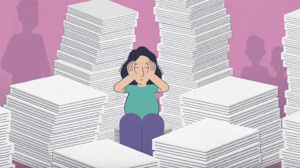 An illustration of a woman sitting between towering stacks of newspapers, holding her head with her hands.