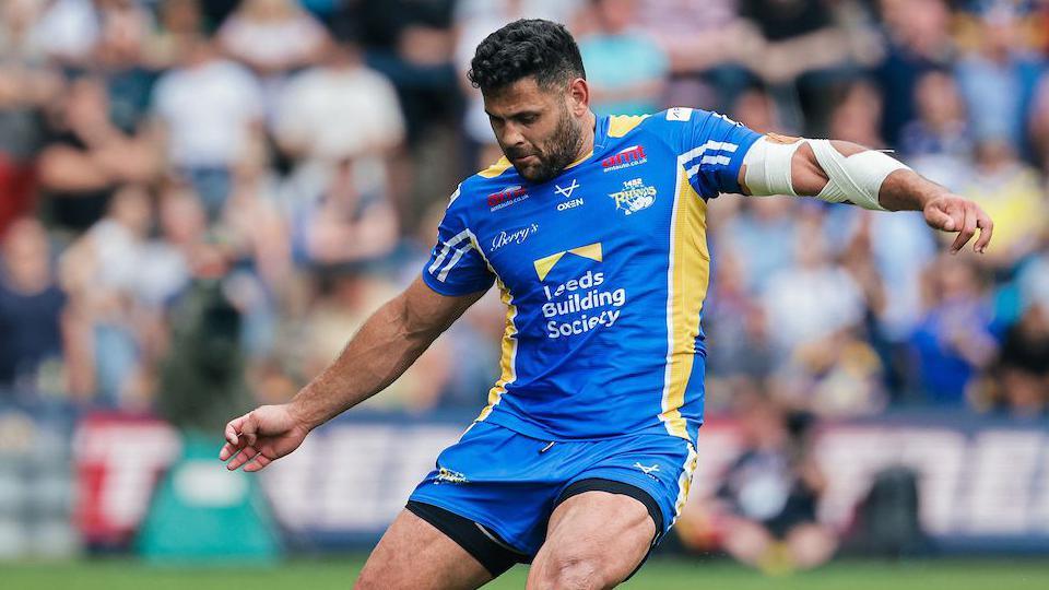 Rhyse Martin kicks at goal for Leeds Rhinos