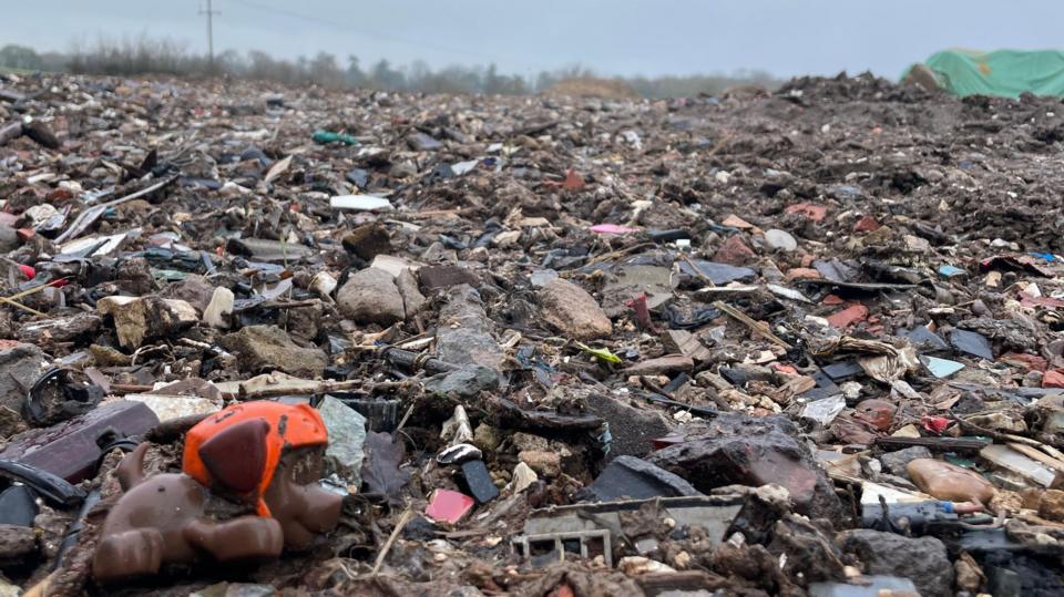 A small plastic toy dog sits on the edge of a vast waste dump, a mound of mixed rubbish which disappears into the distance where the horizon is lined with trees